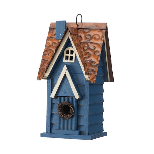 Glitzhome® 12" Retro Blue Distressed Cottage Birdhouse